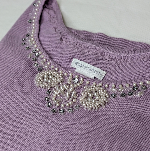 Worthington Sweaters - Beaded Sweater Worthington Pearl & Rhinestone Luxe Holiday Glam